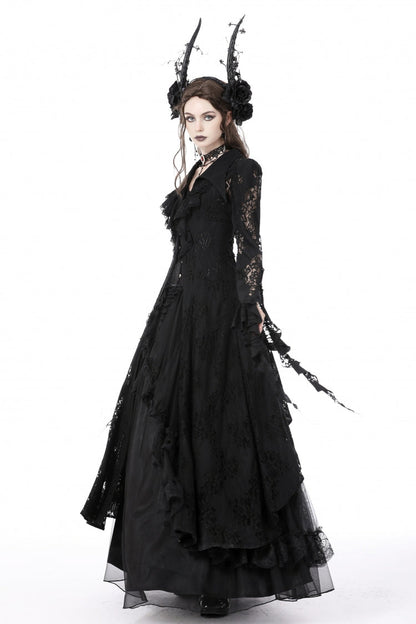 Black Lapel Collar Long Sleeves Ruffled Irregular Lace Lace-Up Women's Gothic Jacket Dress
