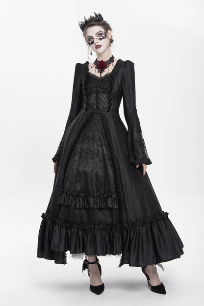 Black Long Sleeves Floral Embroidery Lace-Up Pleated Women's Gothic Dress