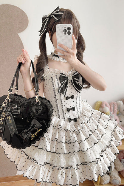 Beige Sleeveless Multi-Layered Polka Dots Printed Ruffled Bow Sweet Princess Lolita Jsk Dress