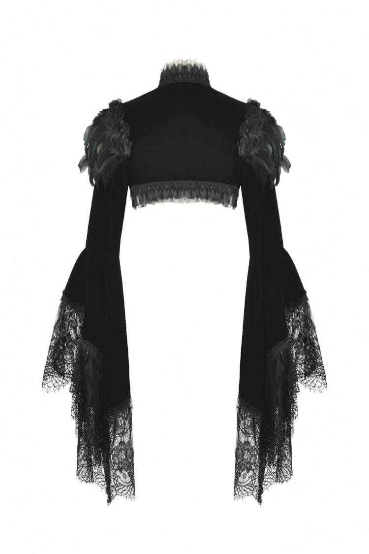 Black Lace Spliced Velvet Long Flared Sleeves Floral Feather Women's Gothic Cape