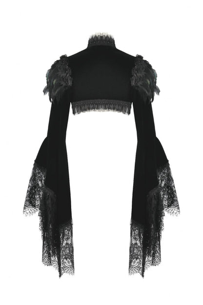 Black Lace Spliced Velvet Long Flared Sleeves Floral Feather Women's Gothic Cape