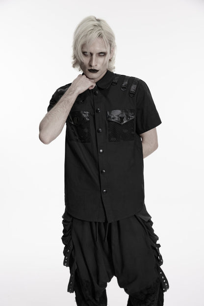 Black Lapel Collar Short Sleeves Cut-Out Spliced Men's Punk Shirt