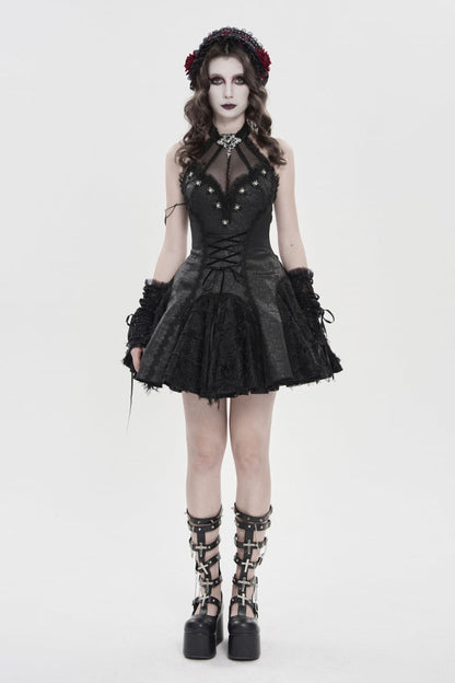 Black Off Shoulder Sleeveless Printed Spliced Lace Lace-Up Pleated Women's Gothic Dress