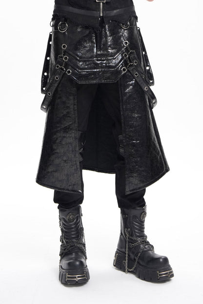 Black Faux Leather Stitching Eyelets Strap Rings Men's Gothic Skirt
