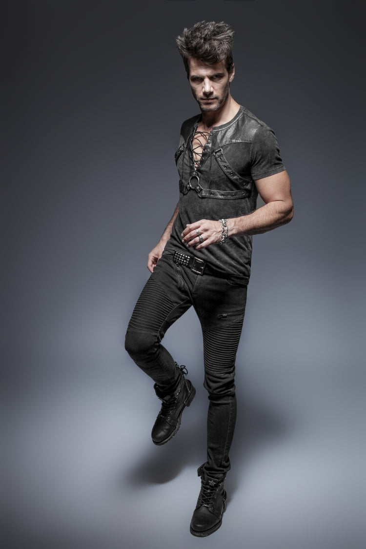 Black Lace-Up Zipper Men's Punk Blouse with Straps