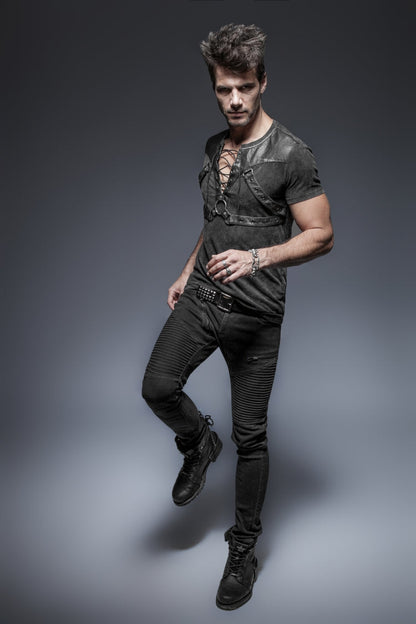 Black Lace-Up Zipper Men's Punk Blouse with Straps