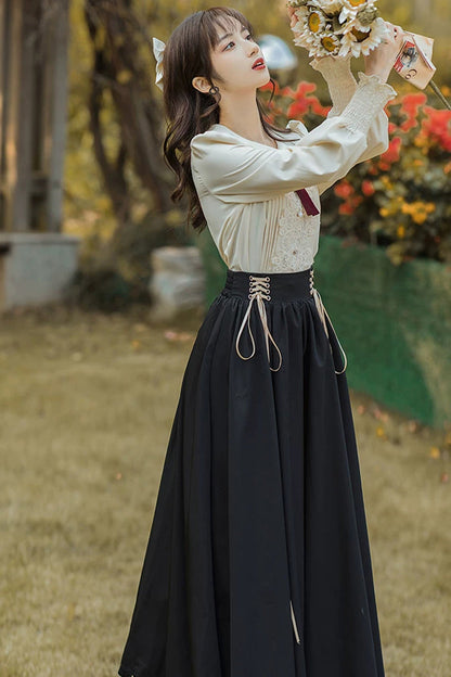Black Lapel Collar Long Sleeves High Waisted Lace-Up Wave Hem Classic Lolita Two-Piece Skirt Set