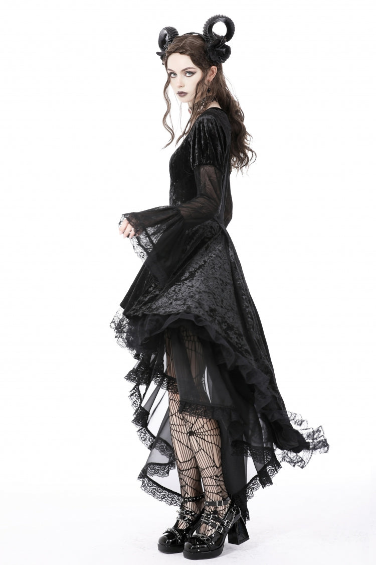 Black Long Puff Sleeves High Low Irregular Multi-Layered Lace Women's Gothic Velvet Dress