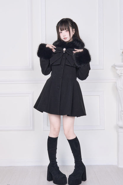 Black Plush Collar Long Sleeves Bowknot Japanese Sweet Lolita Coat