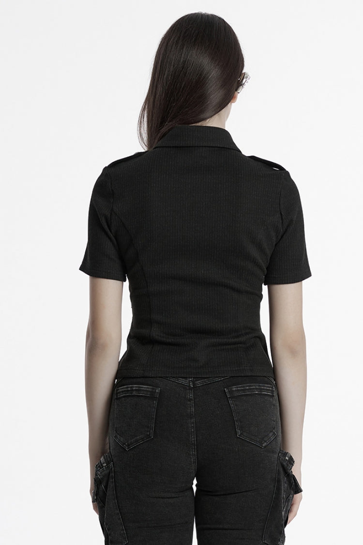 Black Lapel Collar Long Sleeves Lace-Up Women's Punk Military Blouse