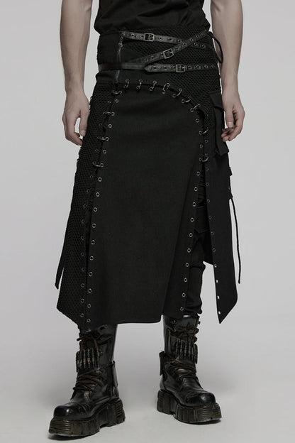 Black Faux Leather Stitching Lace-Up Irregular Mesh Men's Gothic Kilt