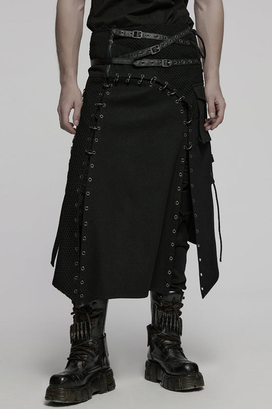 Black Faux Leather Stitching Lace-Up Irregular Mesh Men's Gothic Kilt