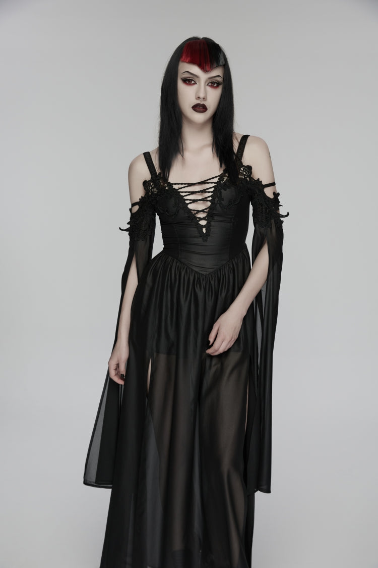 Black Off Shoulder Long Sleeves Embroidered Lace-Up Women's Gothic Elegant Dress Wedding Dress