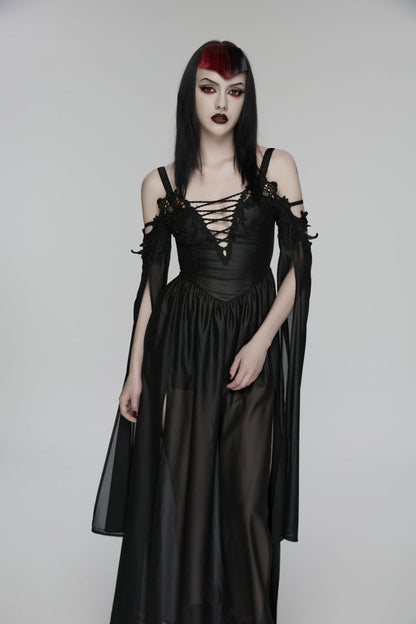 Black Off Shoulder Long Sleeves Embroidered Lace-Up Women's Gothic Elegant Dress Wedding Dress