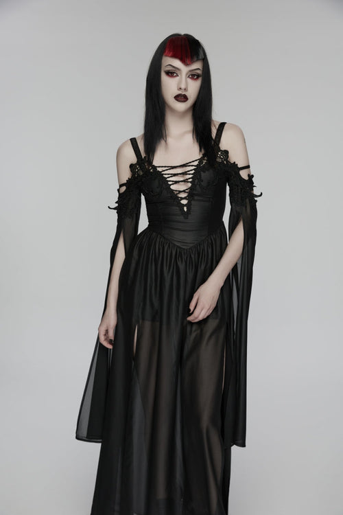 Black Off Shoulder Long Sleeves Embroidered Lace-Up Women's Gothic Elegant Dress Wedding Dress