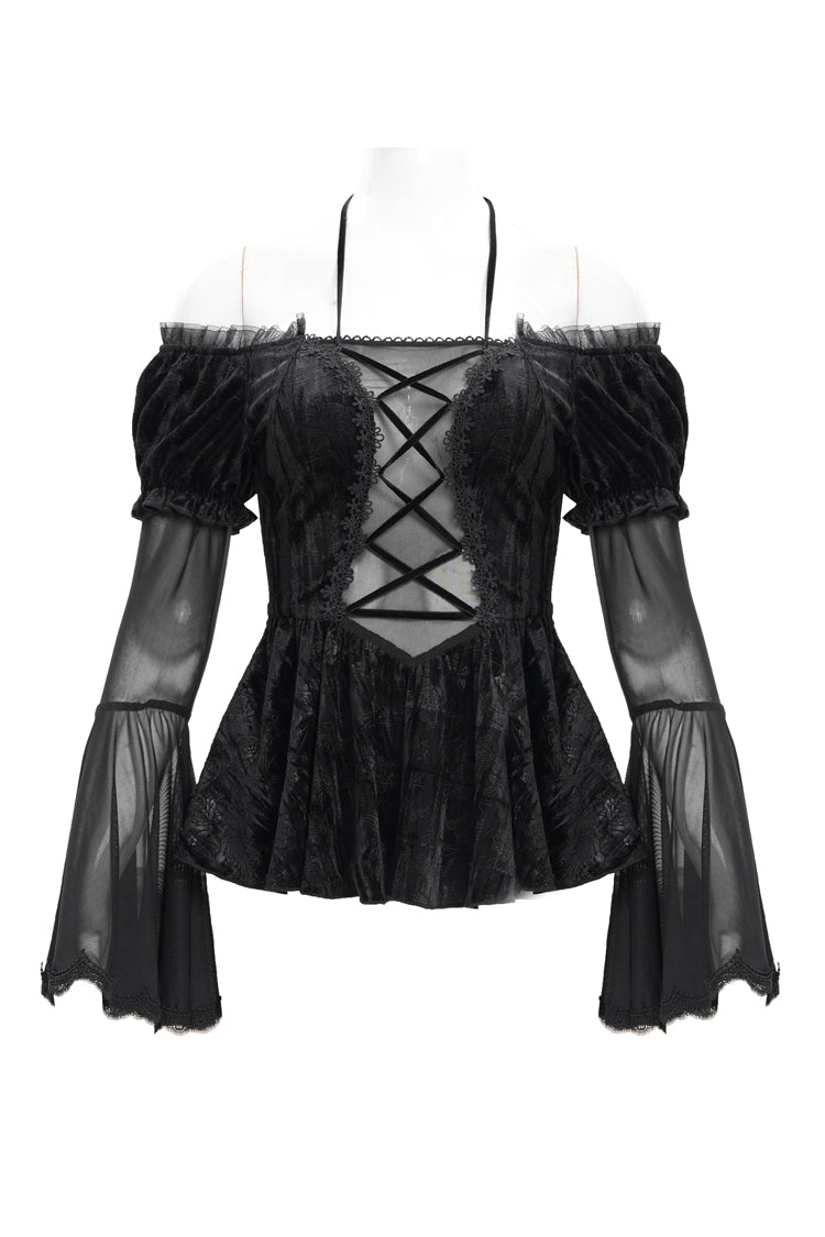 Black Halterneck Long Sleeves Hollow Lace-Up Mesh Women's Gothic Blouse