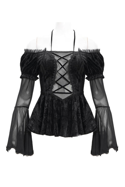 Black Halterneck Long Sleeves Hollow Lace-Up Mesh Women's Gothic Blouse