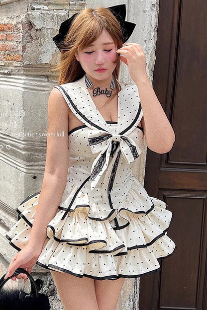 Apricot Multi-layer Polka Dots Print Navy Doll Ruffle Bowknot Sweet Lolita Tiered Dress