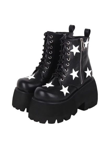Black Five-pointed Star Print Zipper Punk Lolita Ankle Boots