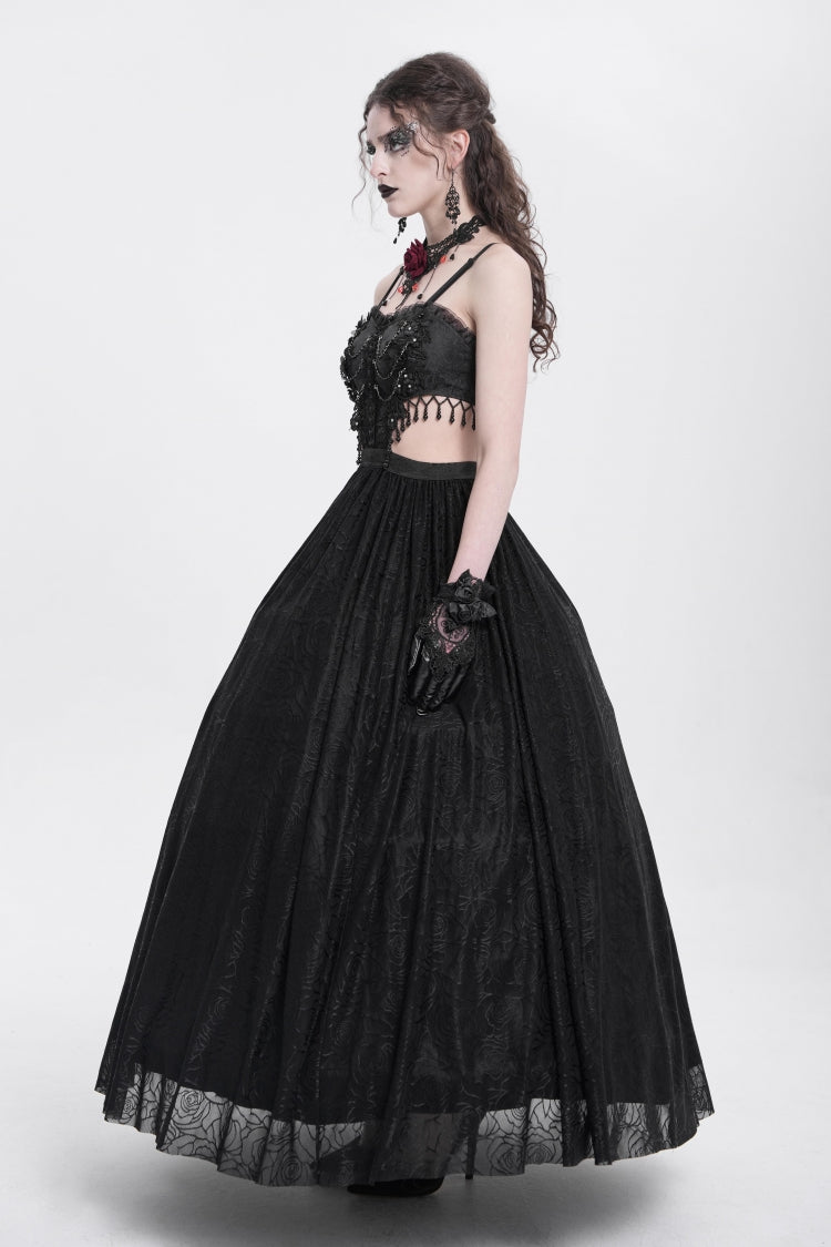 Black Jacquard Floral Embroidery Lace Ripped Women's Gothic Party Slip Dress