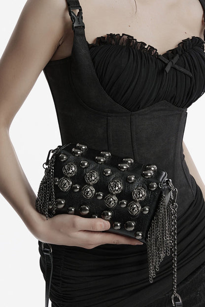 Black Beaded Rose Rivet Women's Gothic Faux Leather Clutches