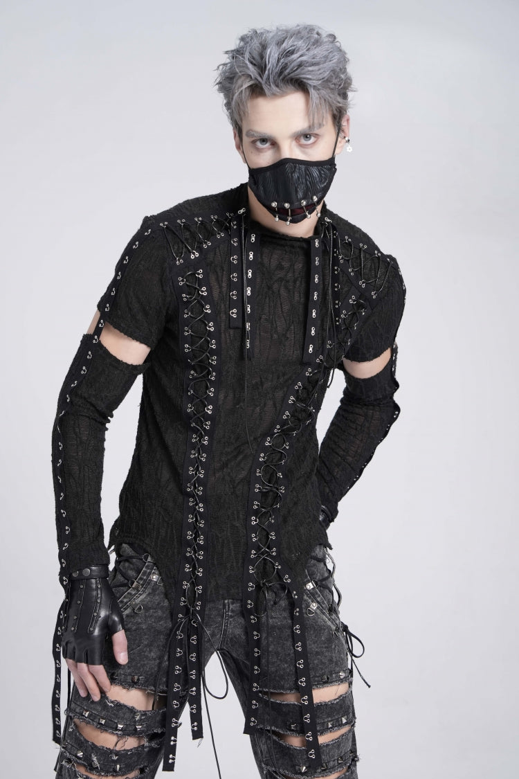 Black Long Sleeves Strap Lace-Up Irregular Mesh Men's Gothic T-Shirt