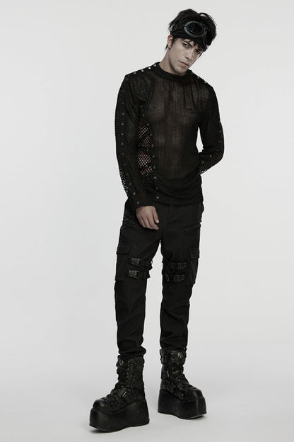 Black Long Sleeves Mesh Eyelet Men's Punk T-Shirt