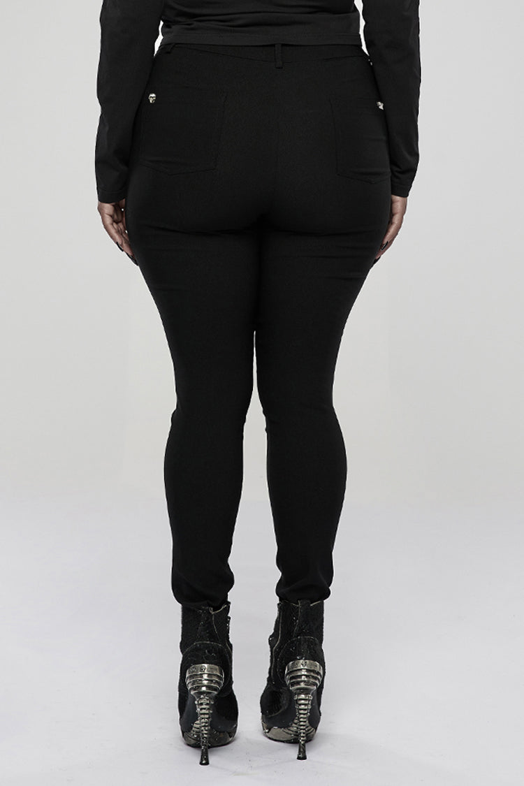 Black Elasticity Knitting Holes Design Cross Tied Rope Decoration Sexy Tight Women's Plus Size Punk Trousers