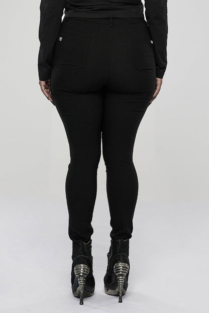 Black Elasticity Knitting Holes Design Cross Tied Rope Decoration Sexy Tight Women's Plus Size Punk Trousers