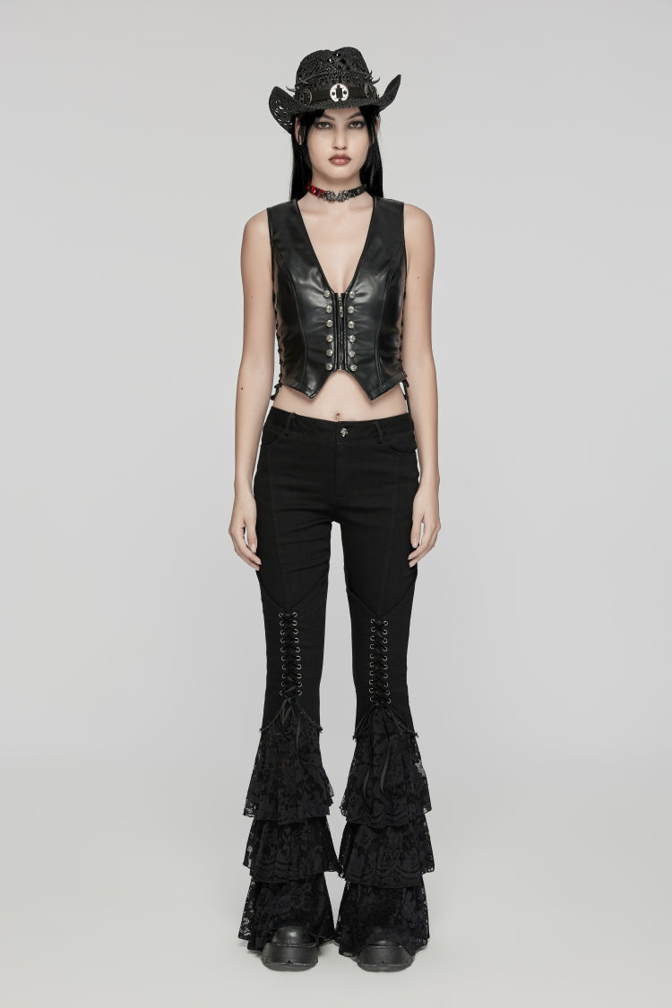 Black Lace-Up Slim Zippered Women's Punk Cool Faux Leather Vest