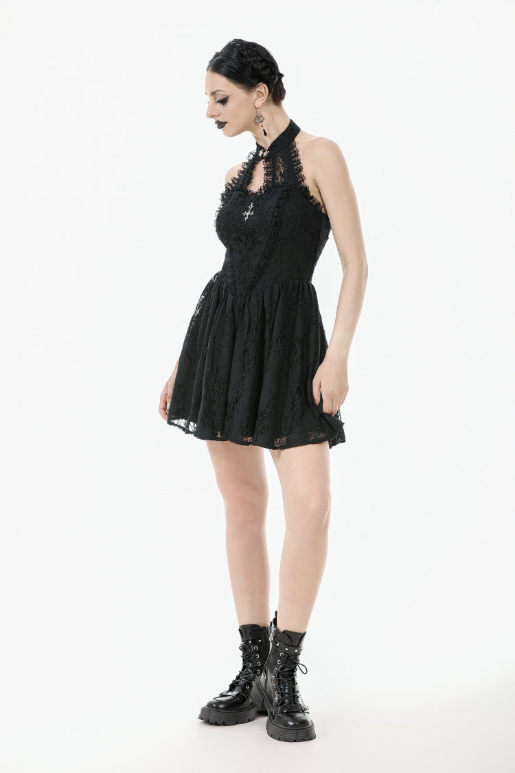Black Off Shoulder Halterneck Sleeveless Lace Women's Gothic Short Dress