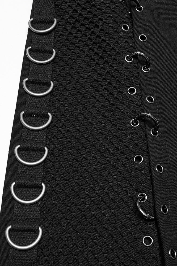Black Faux Leather Stitching Lace-Up Irregular Mesh Men's Gothic Kilt