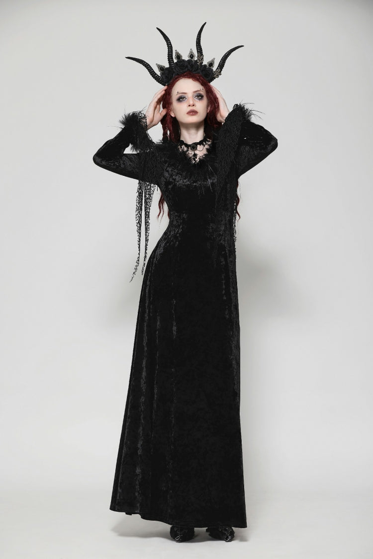 Black Long Sleeves Velvet Lace Women's Gothic Maxi Dress Wedding Dress