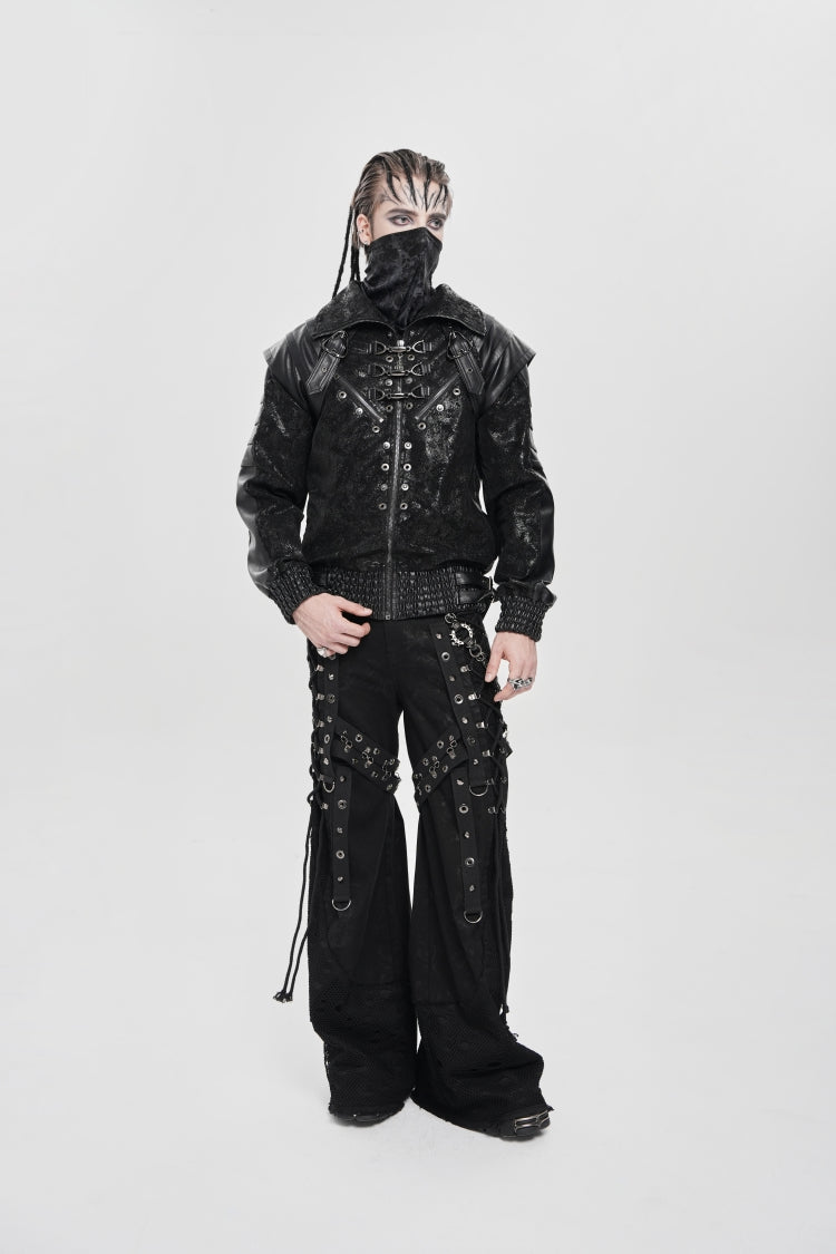 Black Faux Leather Stitching Buckle Zipper Straps Men's Punk Coat