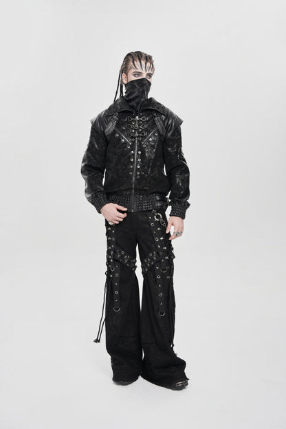 Black Faux Leather Stitching Buckle Zipper Straps Men's Punk Coat