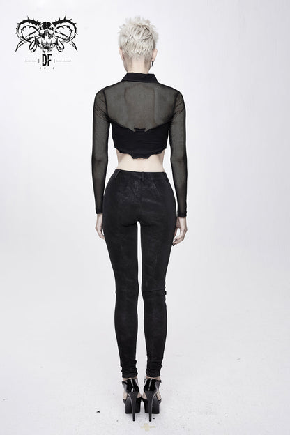 Black Bat Collar Splice Mesh Long Sleeve Chest Hasp Short Women's Punk T-Shirt