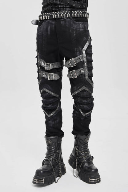 Black Buckle Straps Pleated Men's Punk Pants