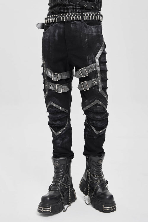 Black Buckle Straps Pleated Men's Punk Pants