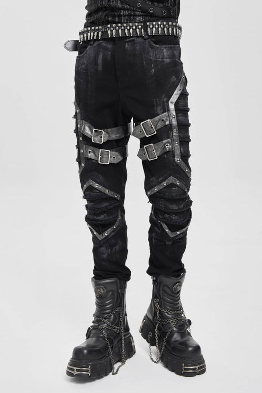 Black Buckle Straps Pleated Men's Punk Pants