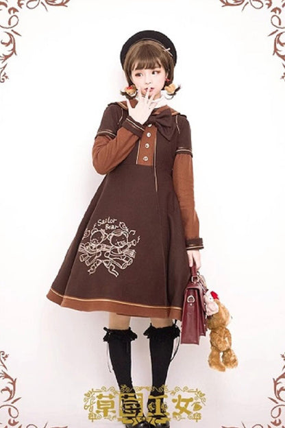 Bear Print Embroidery Long Sleeves Bowknot Sweet Lolita Woolen Coat 2 Colors