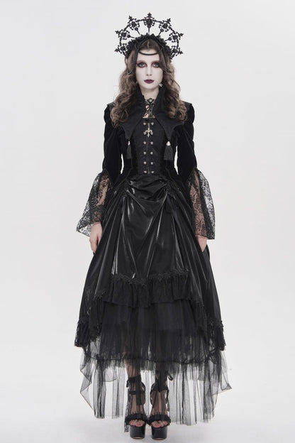 Black Long Trumpet Sleeves Embroidered Lace Slim Zippered Women's Gothic Bat Wing Collar Double-breasted Zip Jacket
