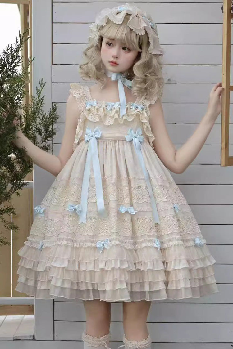 Beige [Little Wind Chime] Sleeveless Multi-Layered Printed Ruffled Bow Lace Sweet Elegant Princess Lolita Jsk Dress