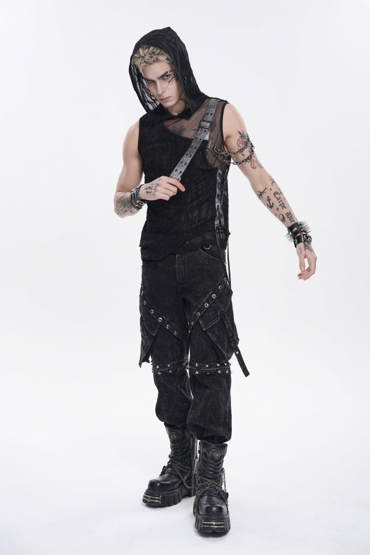 Black Hooded Sheer Asymmetric Chain-Decorated Men's Punk Hooded Vest
