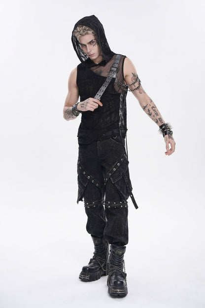 Black Hooded Sheer Asymmetric Chain-Decorated Men's Punk Hooded Vest