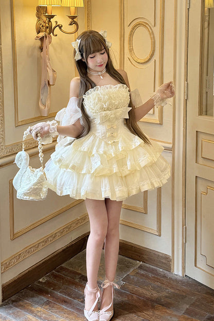 Beige [Mousse Love Song] Off Shoulder Sleeveless Triple-Layered Ruffled Hanayome Bow Sweet Elegant Ballet Lolita Short Dress Set