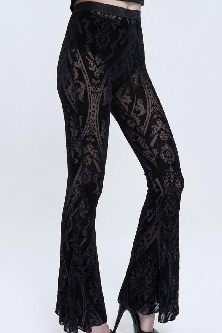 Black Flocked Printed Fabric Elastic Jacquard Elastic at Waist Flared Women's Punk Pants