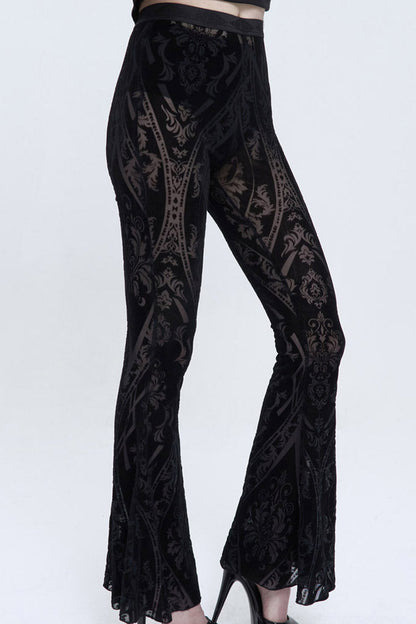 Black Flocked Printed Fabric Elastic Jacquard Elastic at Waist Flared Women's Punk Pants