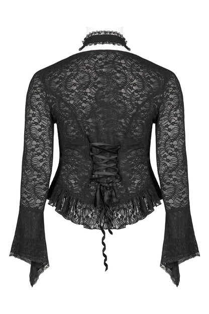 Black Elasticity Lace Fabric Sexy Perspective Embroidery Decoration Cross Rope Trumpet Sleeve Women's Plus Size Gothic T-Shirt