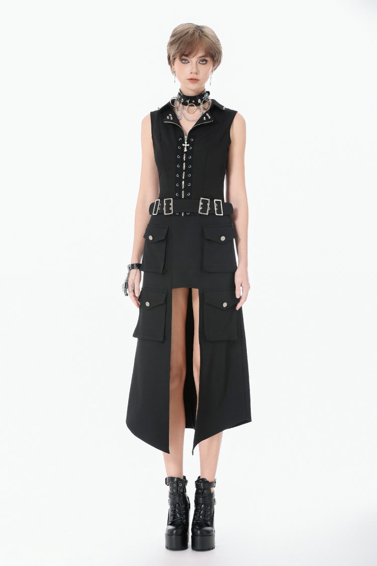 Black Lapel Collar Sleeveless Lace-Up Studded Zippered Eyelet Women's Punk Vest
