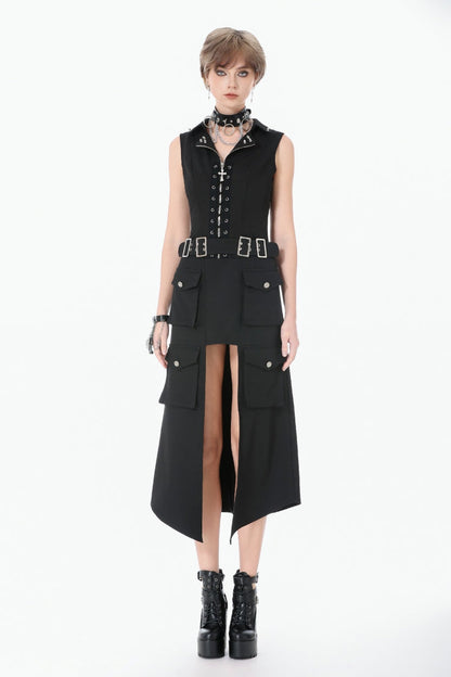Black Lapel Collar Sleeveless Lace-Up Studded Zippered Eyelet Women's Punk Vest